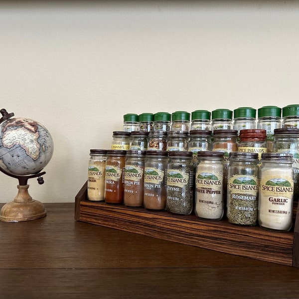 Tabletop Spice Rack, Handmade out of Exotic Zebrawood and Walnut Wood, Elegant Kitchen Organizer, Fits up to 27 Standard Spice Jars