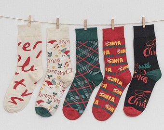 A set of 5 Christmas socks Xmas secret Santa gift Unisex Winter Socks gift