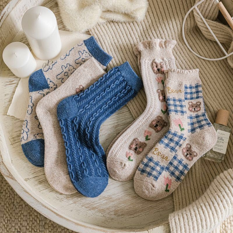 Bear wool socks  gift Women Winter Socks gift flowers floral Korean Japanese blue