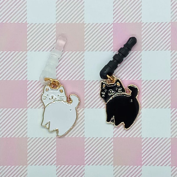 Cute Kitty Cat Pink Phone Charm Strap, Black White, Cat Butt, Dust Plug For Headphone Jack, Audio Jack, Cell Phone Decoration