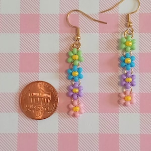 Pastel Daisy Flower Earrings, Colorful Rainbow, Beaded, Drop, Dangle ...