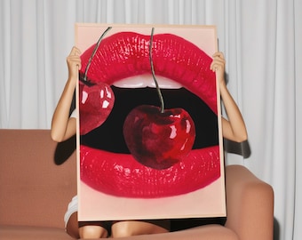 Cherry Lips Print | Cherry Lips Wall Art | Aesthetic Wall Art | Trendy Wall Art Prints | Cherry Wall Art | Cherry Print | Maximalist Decor