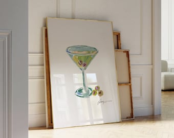 Martini Print Cocktail | Hand-Painted Retro Poster | Alcohol Poster | Bar Cart Prints | Minimalist Wall Art | Trendy Gallery Wall