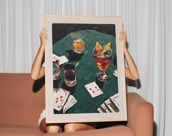 Cocktails and Cards Print | Moody Cocktail Wall Art | Bar Cart Wall Art | Bar Cart Print | Bar Cart Decor | Kitchen Wall Art | Man Cave Art