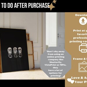 May include: A black framed art print with three stylized skulls and reflective imagery. The text "WHAT TO DO AFTER PURCHASE" is at the top. Additional text advises printing at a professional company and framing.