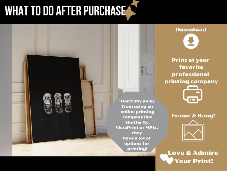 May include: A black framed art print with three stylized skulls and reflective imagery. The text "WHAT TO DO AFTER PURCHASE" is at the top. Additional text advises printing at a professional company and framing.