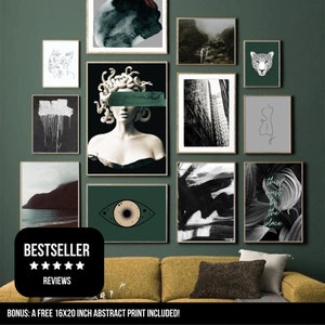 Set of 12, Emerald Medusa Gallery Wall Set, DIGITAL, Medusa Decor, Modern Gallery Wall, Emerald Gallery Wall, Emerald Wall Art, Medusa Print