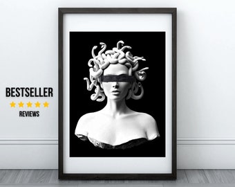 Pintura negra Stoke Medusa, estatua moderna de Medusa, arte de la pared de Medusa, impresión de arte de Medusa, decoración moderna del hogar, arte de la mitología griega, decoración del hogar de Medusa
