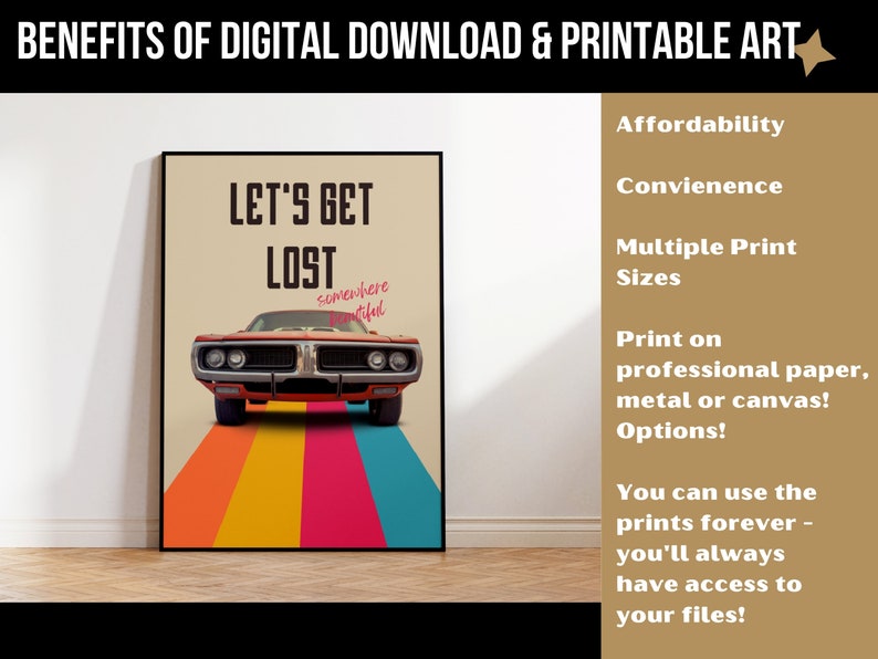K&ouml;nnte beinhalten: Ein digitaler Download eines druckbaren Kunstdrucks mit einem roten Oldtimer, der auf einer bunten, gestreiften Stra&szlig;e mit dem Text "Let's Get Lost Somewhere Beautiful" f&auml;hrt.