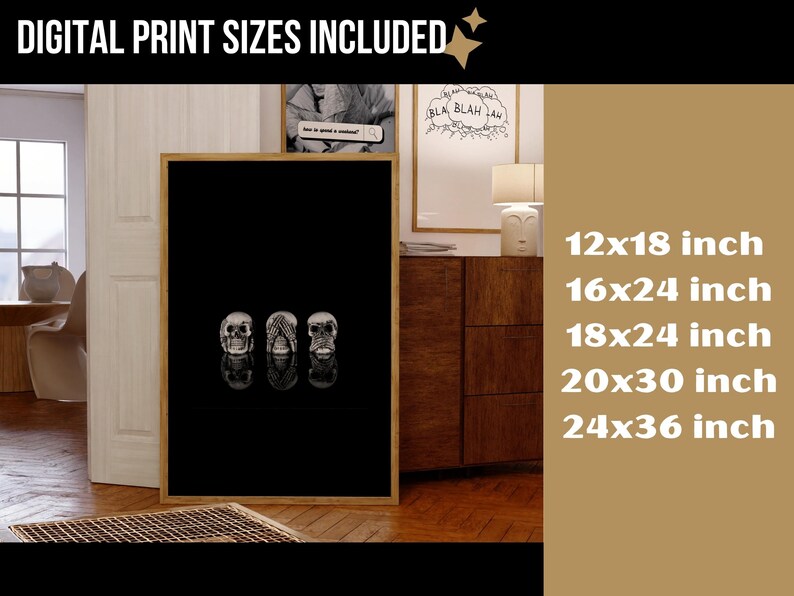 May include: A framed black and white print showing three skulls, each with a different pose: one with eyes open, one with hands covering the eyes, and one with hands covering the mouth. Available in sizes such as 30x46 cm and 61x91 cm.