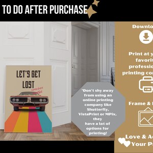 K&ouml;nnte beinhalten: Ein druckbarer digitaler Download eines Posters im Retro-Stil mit einem Oldtimer und dem Text "Let's Get Lost Somewhere Cool". Das Poster hat einen Hintergrund mit Regenbogenstreifen und ist an einer wei&szlig;en Wand gerahmt.