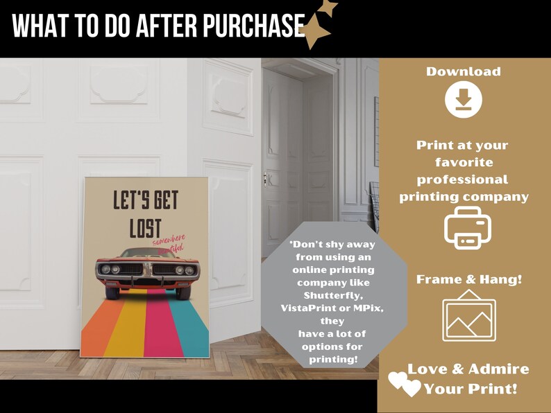 K&ouml;nnte beinhalten: Ein druckbarer digitaler Download eines Posters im Retro-Stil mit einem Oldtimer und dem Text "Let's Get Lost Somewhere Cool". Das Poster hat einen Hintergrund mit Regenbogenstreifen und ist an einer wei&szlig;en Wand gerahmt.