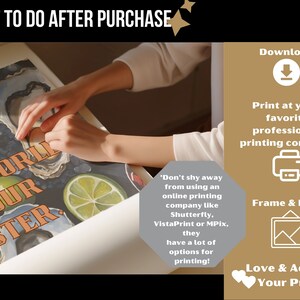 May include: Poster with the text "THE WORLD IS YOUR OYSTER" and images of oysters and limes. The poster is being handled by a person. The image also includes instructions on how to download, print, frame, and admire the print.