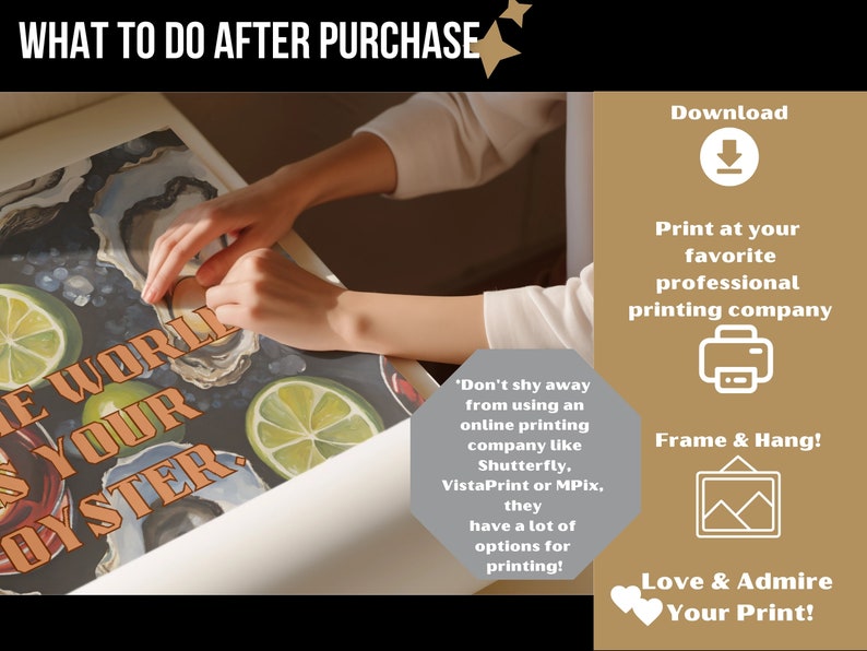 May include: Poster with the text "THE WORLD IS YOUR OYSTER" and images of oysters and limes. The poster is being handled by a person. The image also includes instructions on how to download, print, frame, and admire the print.