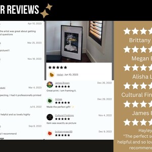 May include: Five star reviews for a digital art print of a woman's face with a snake wrapped around her head. The print is framed and hanging on a wall. The reviews are positive and include comments about the quality of the print and the artist's responsiveness.