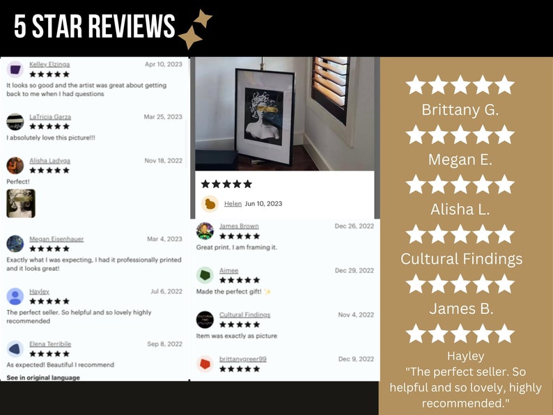 May include: Five star reviews for a digital art print of a woman's face with a snake wrapped around her head. The print is framed and hanging on a wall. The reviews are positive and include comments about the quality of the print and the artist's responsiveness.
