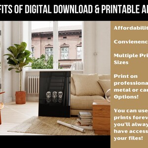 May include: A room interior with a black framed print displaying three skull sculptures. The image promotes digital downloads and printable art, emphasizing affordability, convenience, and various print sizes. It also mentions printing on professional paper, metal, or canvas.
