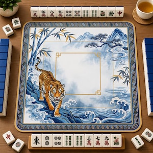 Tiger Chinoiserie Mahjong Mat, Blue Bamboo Neoprene Mahjong Mat, Asian Landscape Game Table Mat, Mah Jongg Gift