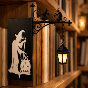 Gothic Witch Lantern, Halloween Gift, Hanging Wall Lamp with Chain, Cauldron Silhouette Sconce, Spooky Porch Decor