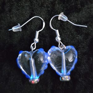 Lampwork Glass Heart Earrings, Clear with Blue, Sterling Silver