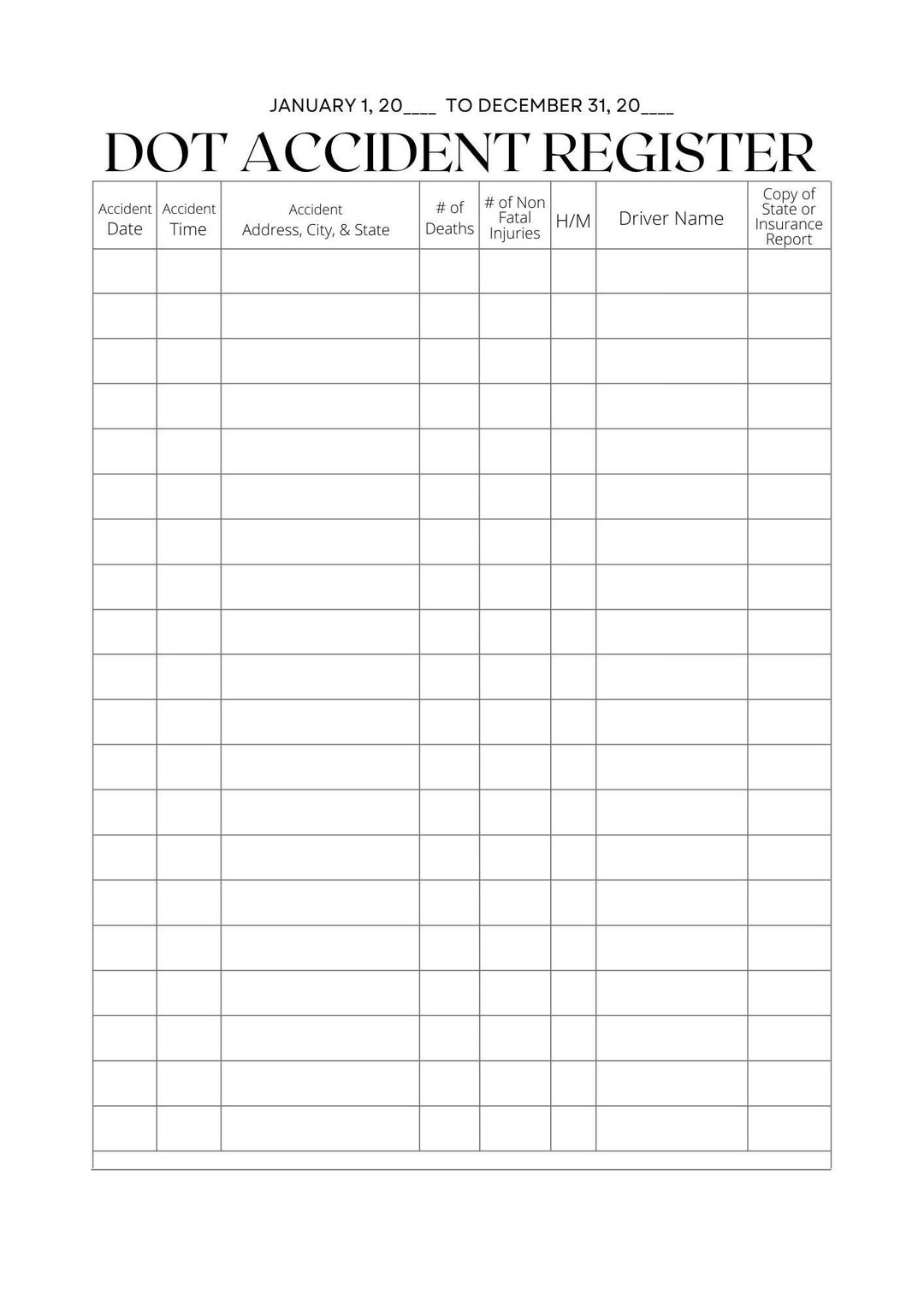 Truck Accident Register / DOT Accident Register Etsy