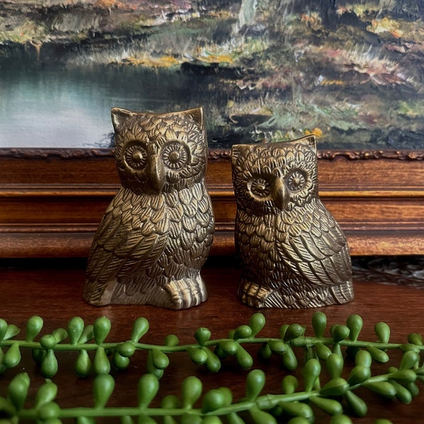 Vintage Solid Brass Pair of Owl Statues, Set of Two