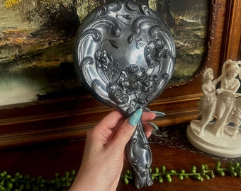 Antique Silver Plated Art Nouveau Poppy Flower Hand Mirror