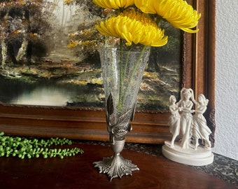 Vintage Pewter Grape Leaf and Crackle Glass Fluted Bud Vase