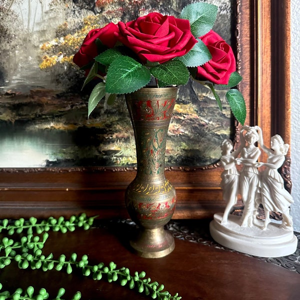 Vintage Indian Brass and Enamel Floral Bud Vase