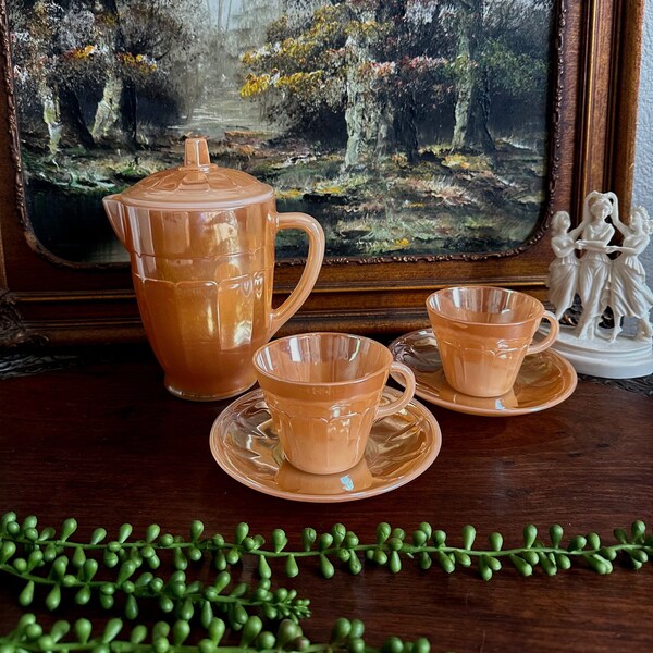 Vintage Fire King Terma Crisa Peach Luster Coffee Service Set for Two