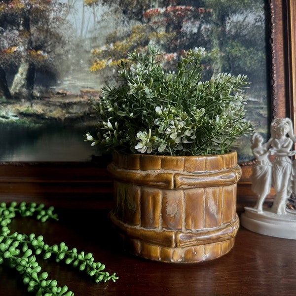 Vintage McCoy Ceramic Rustic Barrel Planter