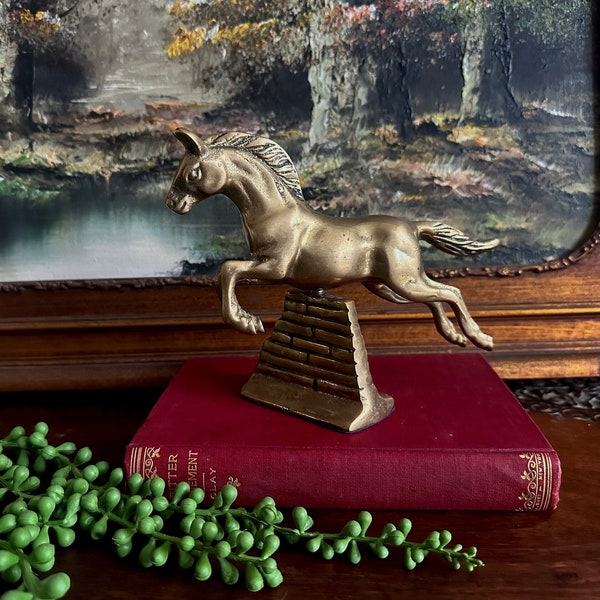 Vintage Brass Horse Vaulting a Wall Statue