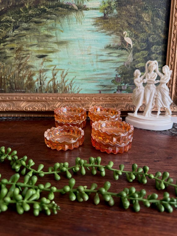 Vintage Marigold Carnival Glass Scalloped Open Salt Cellars, Set of Seven