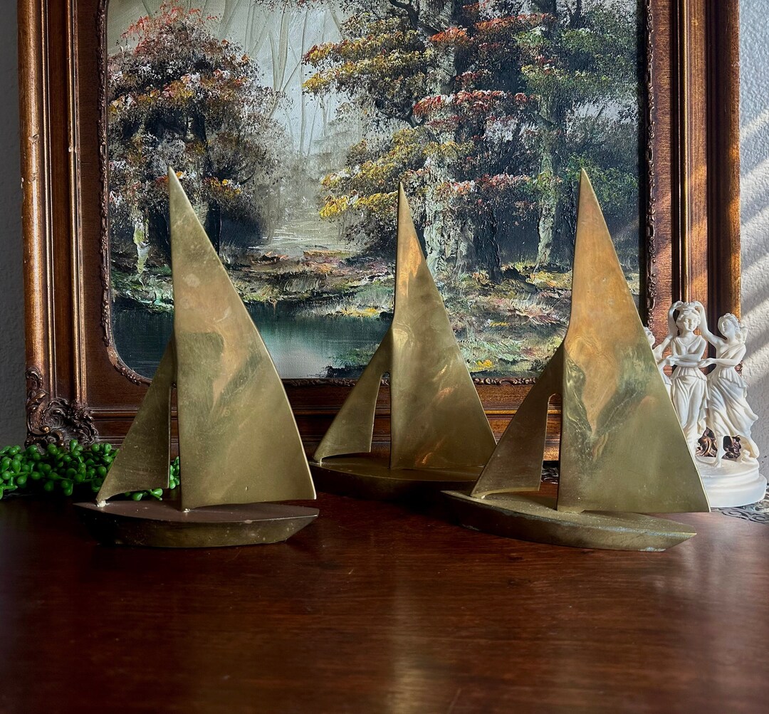 Vintage Large Brass Sailboat Statue Collection Set of Three Etsy