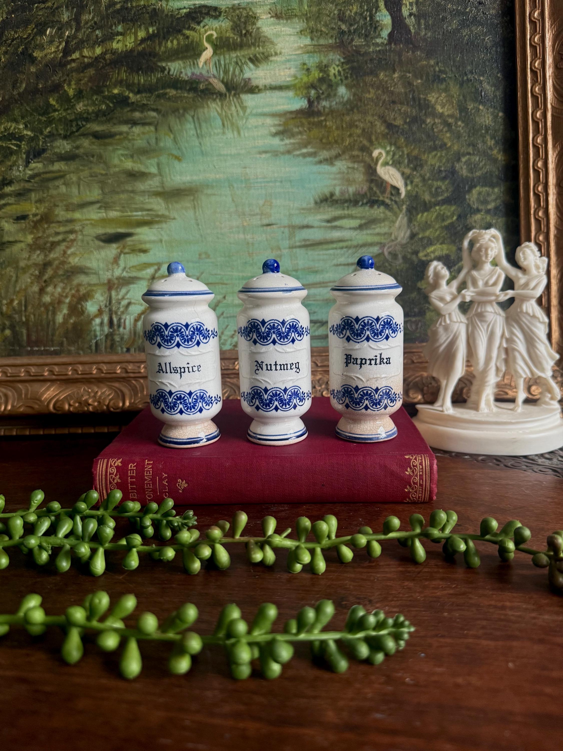 Vintage Delft Style Ceramic Spice Jar Containers, Set of Three