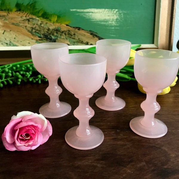 Antique 1930’s Portieux Vallerysthal Pink Opaline Cordial Wine Glasses 3 1/2”, Set of Four