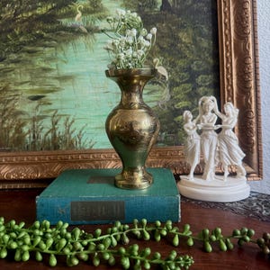 Vintage 1970’s Ornate Etched Brass Tabletop Vase 6”