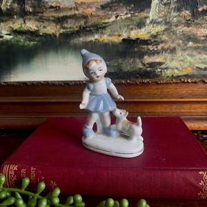 Vintage Japanese Porcelain Little Girl with Terrier Dog Figurine