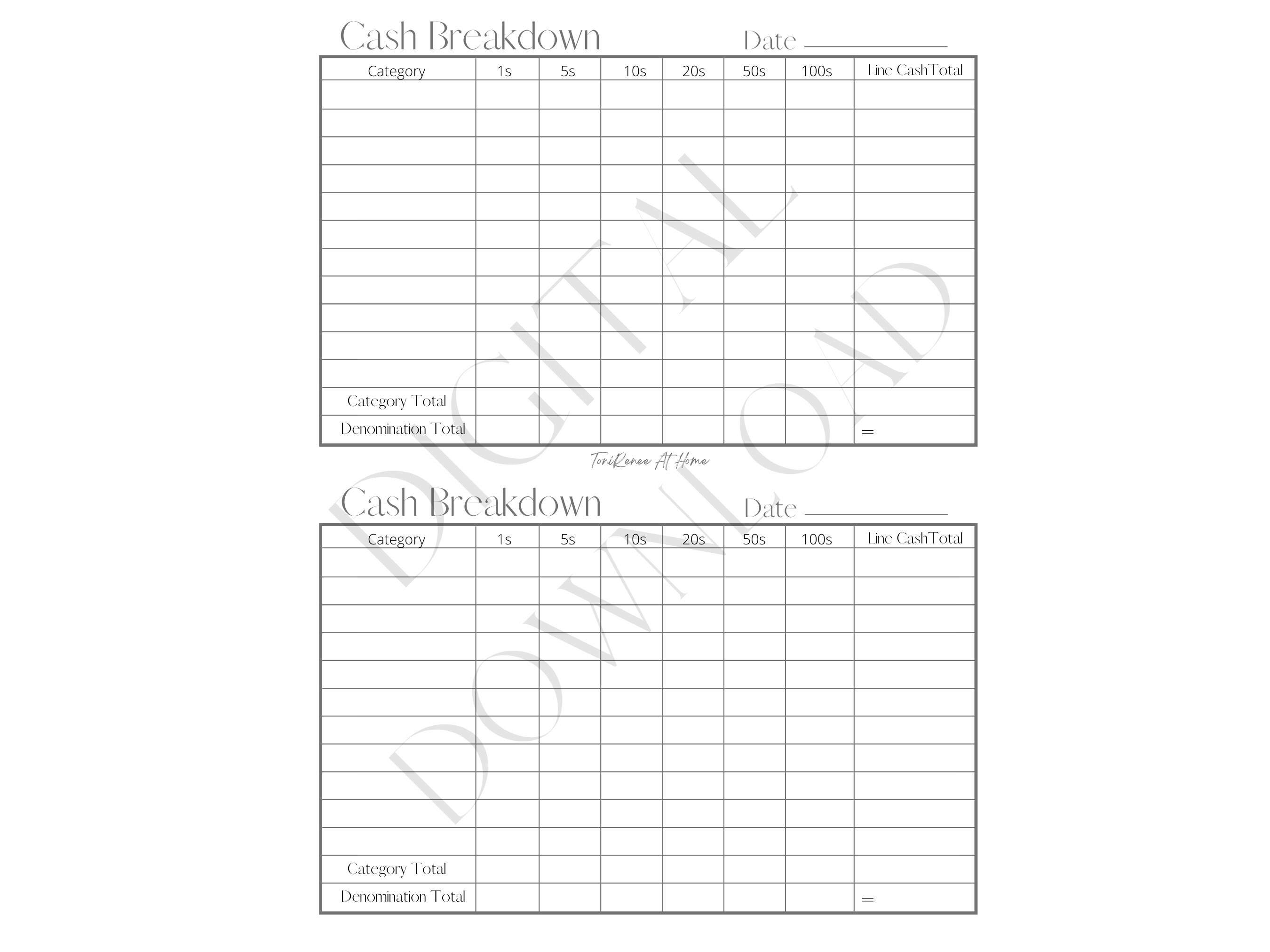Cash Breakdown Sheet Digital Download Denomination Tracker - Etsy
