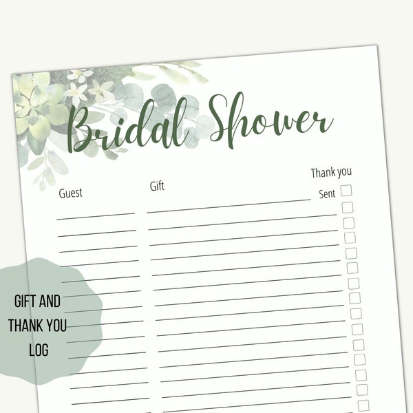 Greenery Bridal Shower Gift and Thank You List Keepsake