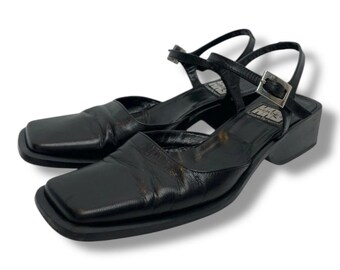 Vintage Cesare Paciotti Heroes HRS 1177 Mary Jane Slingback Heels 36.5 US 6.5 Black Kidskin Leather Italy Y2K Square Toe