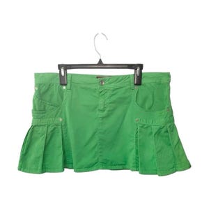 Y2K Vintage J&Co Pleated Mini Skirt Spring Green Stretch Denim Low Rise Cargo Festival Retro Streetwear Size 32 Women’s 12–14