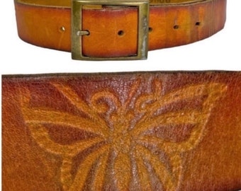 Vintage 1970’s Leather Butterfly Etched Women’s Belt  #9000 Size 24/26