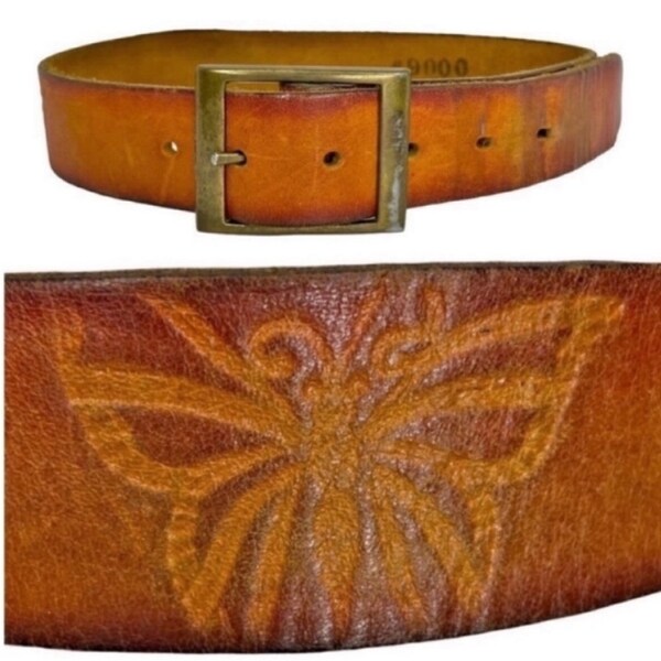 Vintage 1970’s Leather Butterfly Etched Women’s Belt  #9000 Size 24/26