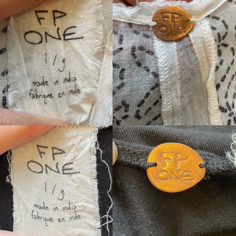 May include: Two close-up images of clothing tags with the text "FP ONE" and "made in india" and "fabrique en inde". The tags are attached to a white and black patterned fabric and a black fabric.