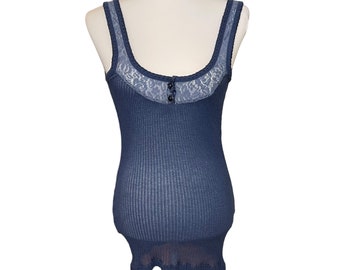 Vintage Free People Y2K Tank Top: Blue Ribbed Knit, Lace Trim, Cowboy Tag