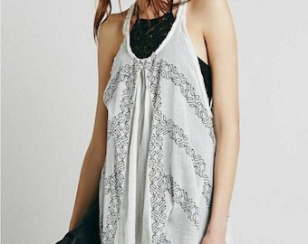 Free People One Bohemian Ivory Linen Bohemian Sleeveless Tunic Top Dress Large