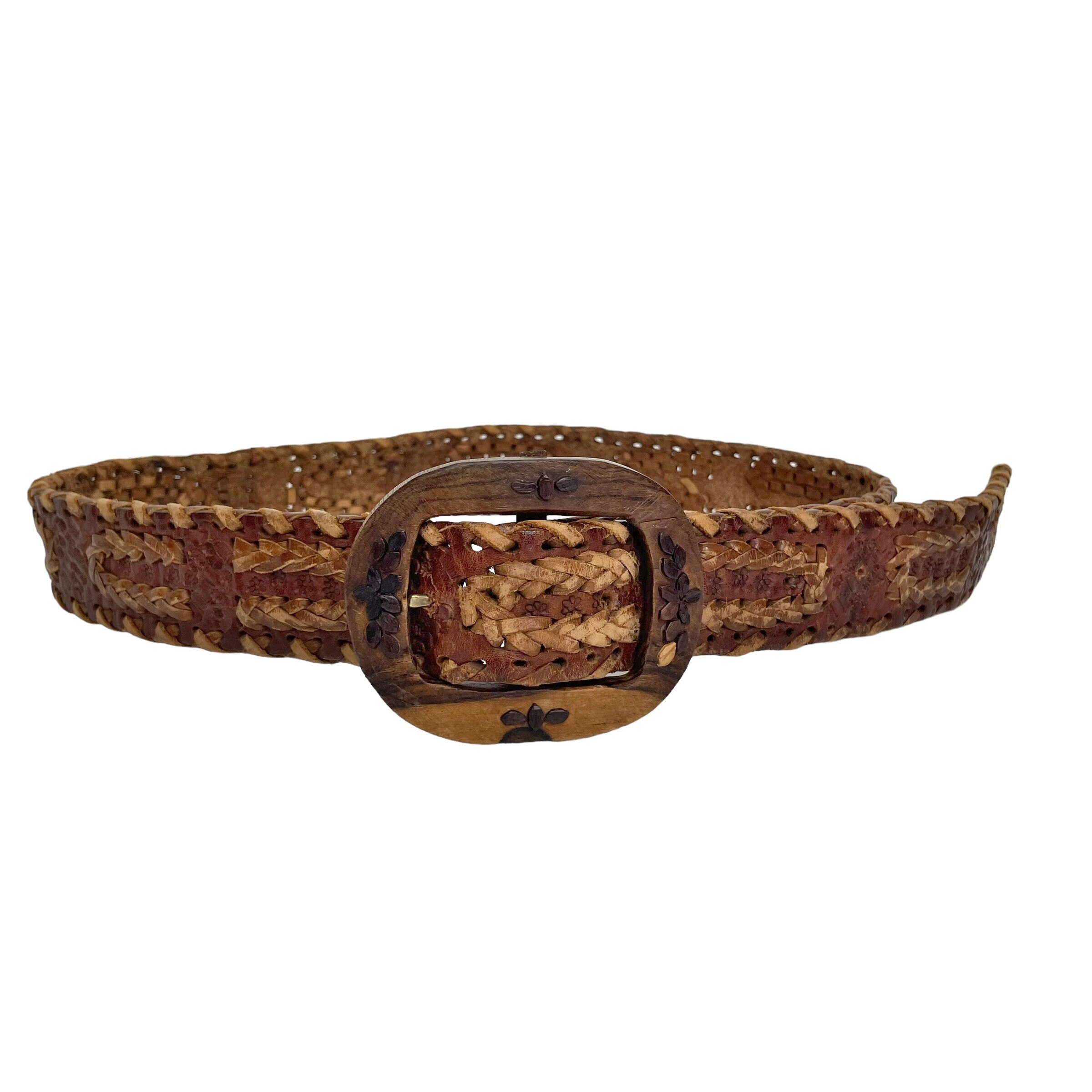 Vintage Braided Leather Belt: Handmade Carved Wood Buckle  display picture 3
