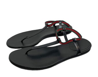 Gucci Black Leather Web Areia Thong Sandals Size 39 / US Size 9