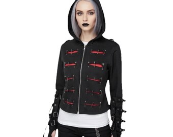 Rare 2000s Sexy Dynamite London S.D.L. Safety Pin Hoodie Black Red Goth Punk Y2K Harajuku Jacket Juniors Large Womens Small